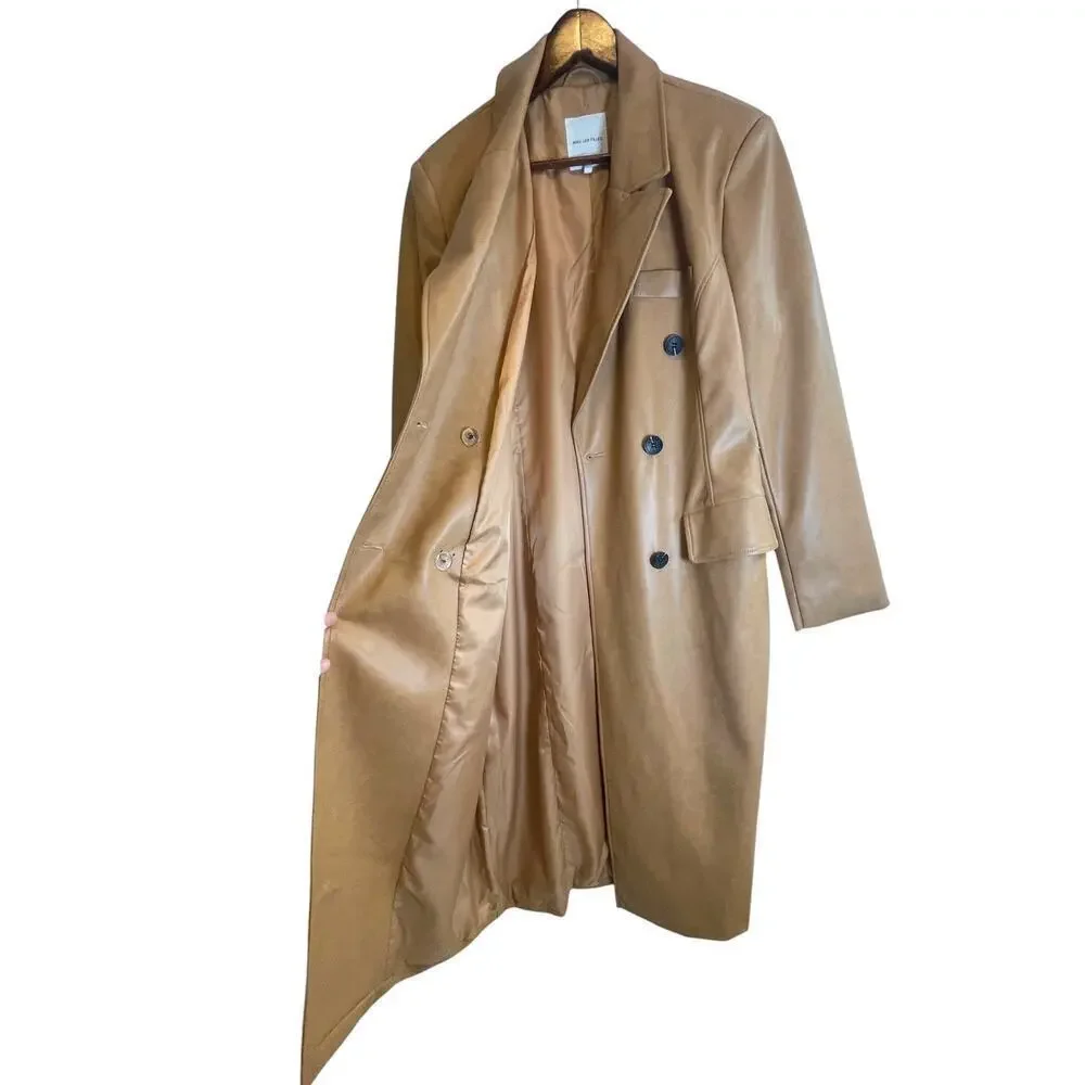 Avec Les Filles Camel Faux Leather Long Trench Coat Women’s XL Double Breasted
